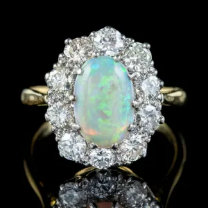 Antique Edwardian Opal Diamond Ring Platinum 18ct Gold 2.80ct Opal 2ct Diamond Circa 1905