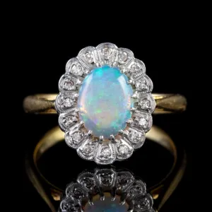 Antique Edwardian Opal Diamond Ring Platinum 18Ct Gold Circa 1915