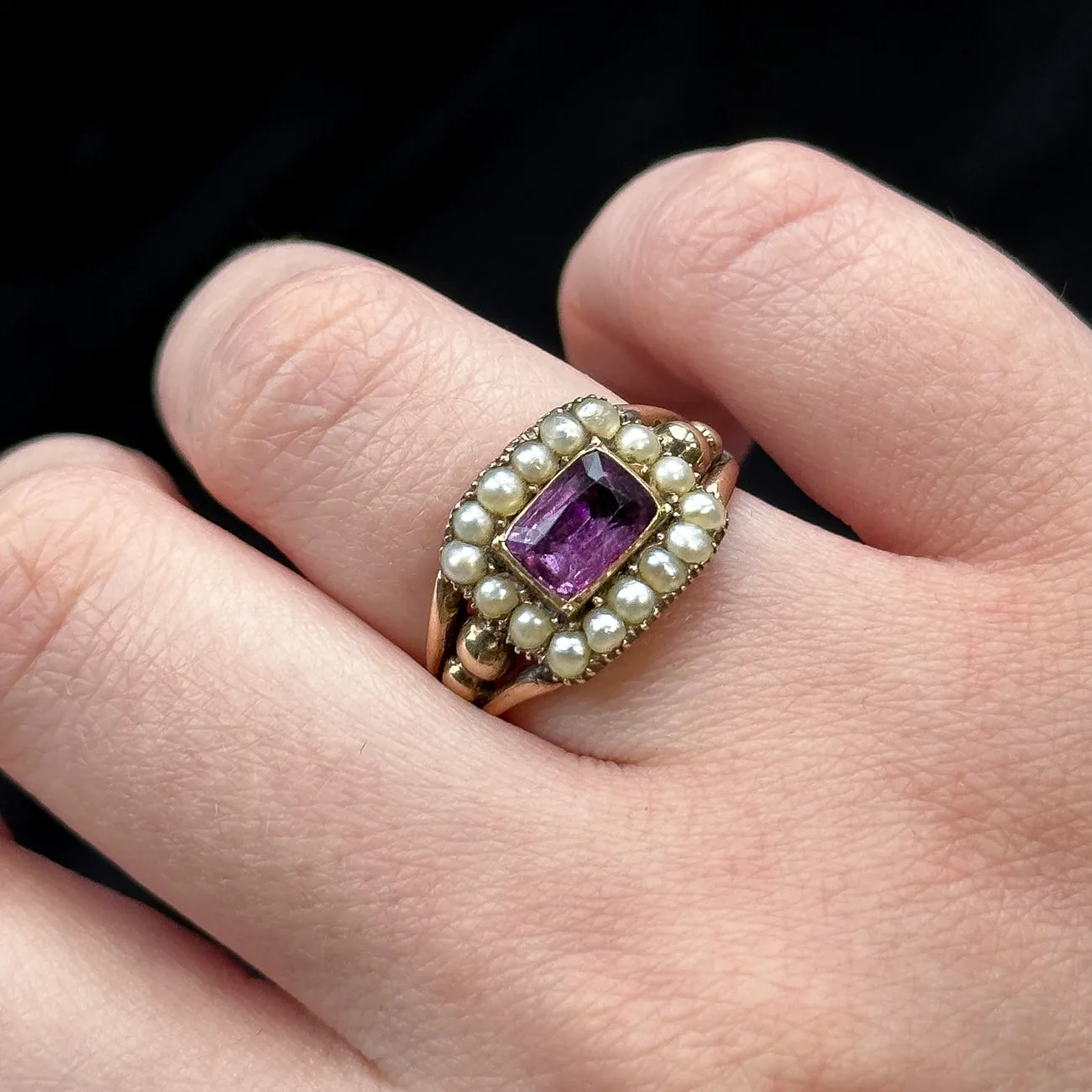 Antique Georgian Amethyst Pearl Ring 1.5ct Amethyst