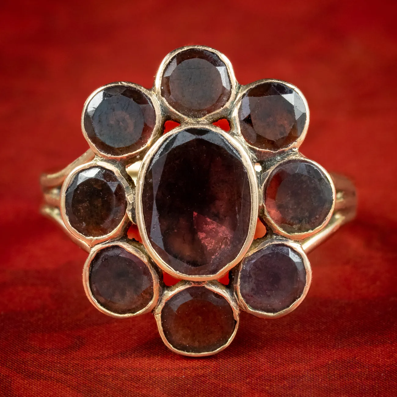 Antique Georgian Flat Cut Garnet Daisy Cluster Ring 2ct Total