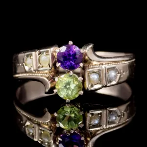 Antique Victorian Amethyst Pearl Peridot Suffragette Ring 18Ct Gold Circa 1900