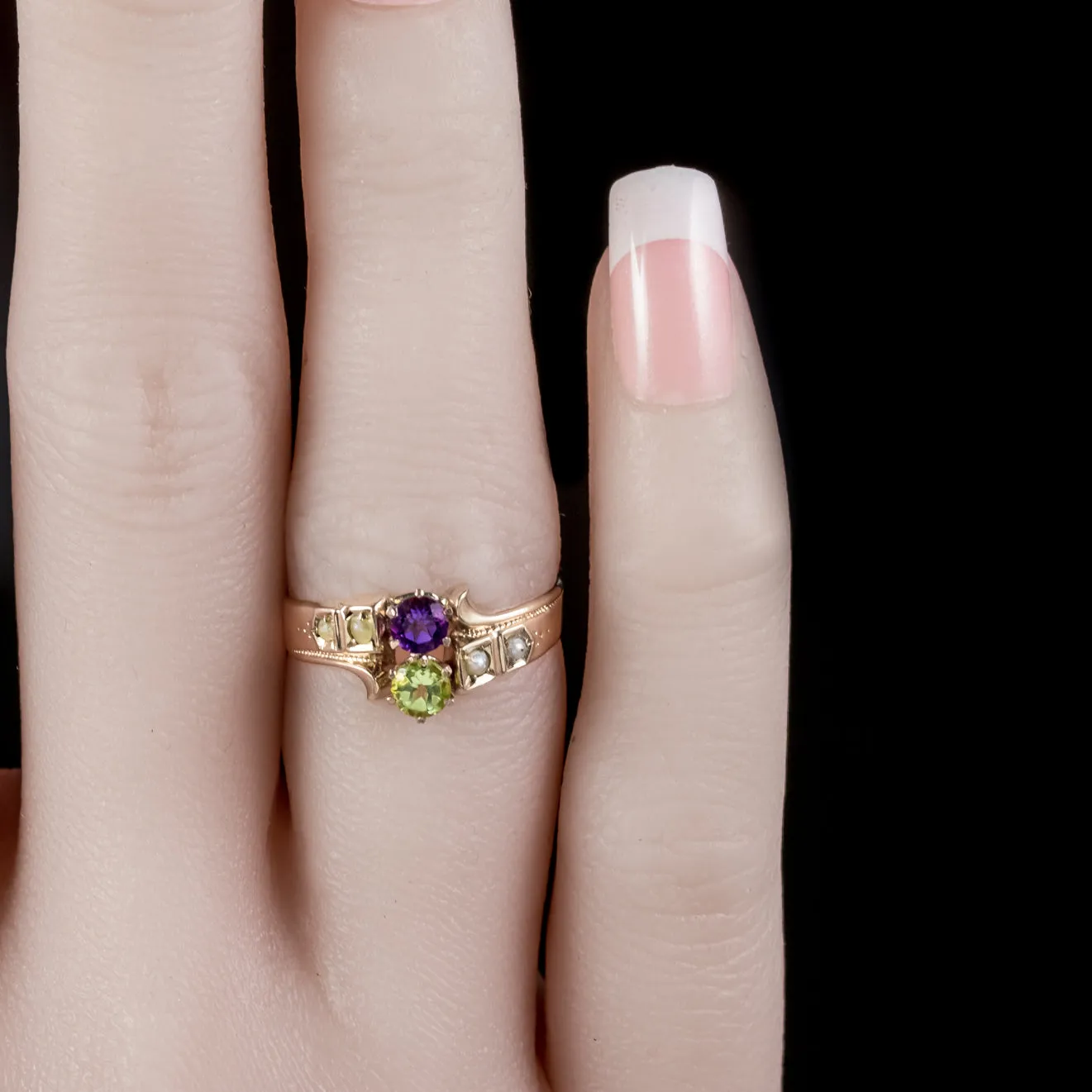 Antique Victorian Amethyst Pearl Peridot Suffragette Ring 18Ct Gold Circa 1900