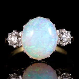 Antique Victorian Opal Diamond Ring 15Ct Gold Natural Opal Circa 1900