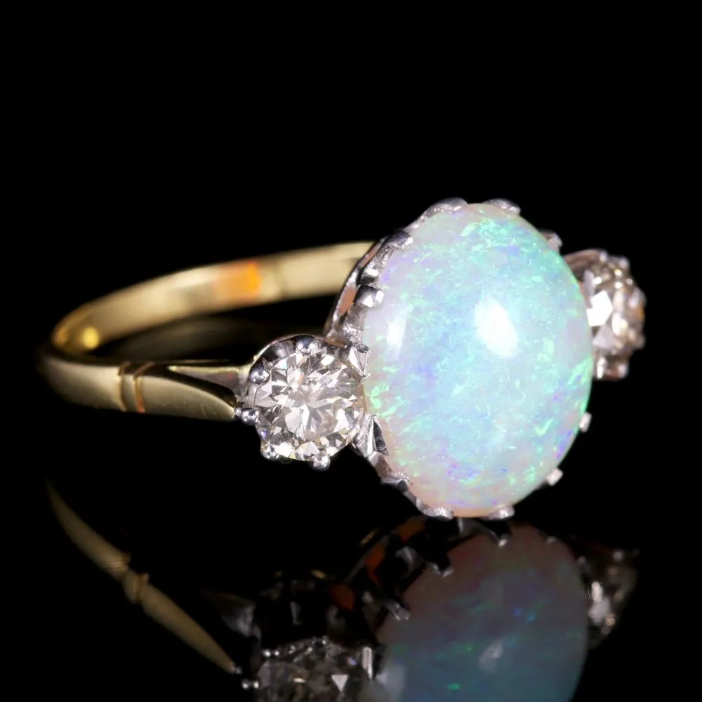 Antique Victorian Opal Diamond Ring 15Ct Gold Natural Opal Circa 1900