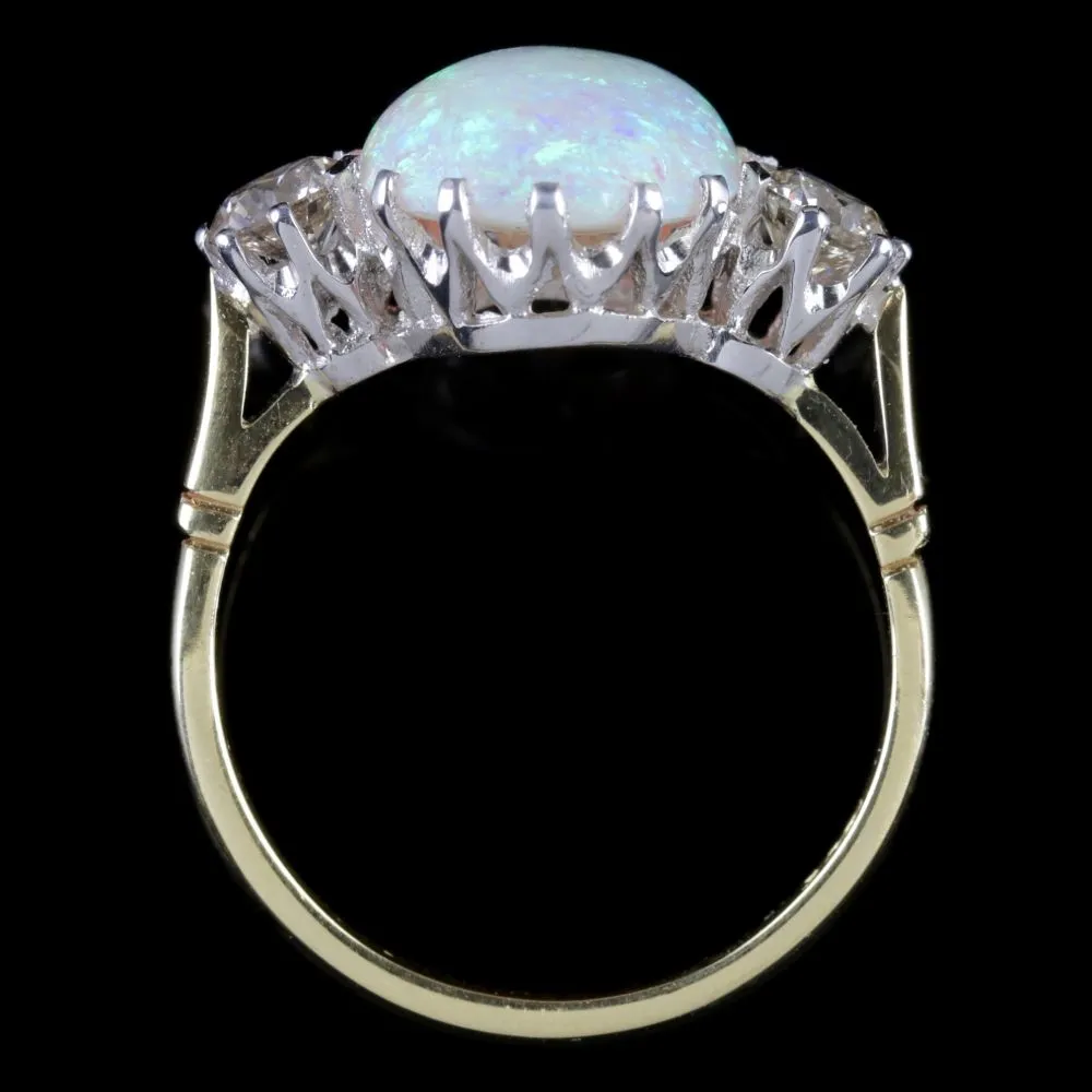 Antique Victorian Opal Diamond Ring 15Ct Gold Natural Opal Circa 1900