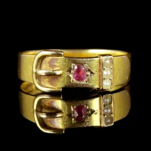 Antique Victorian Ruby Pearl Buckle Ring 15Ct Dated 1881