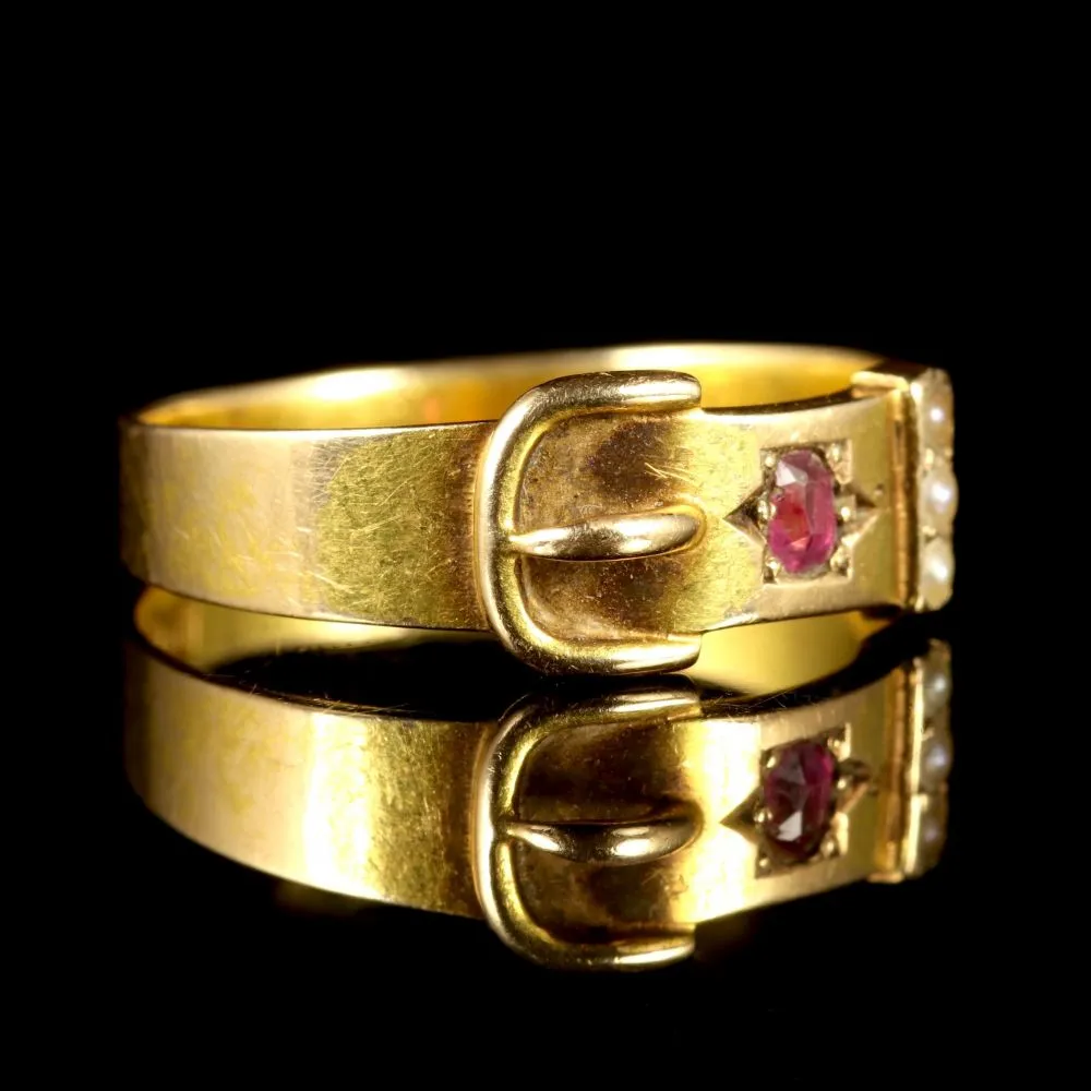 Antique Victorian Ruby Pearl Buckle Ring 15Ct Dated 1881