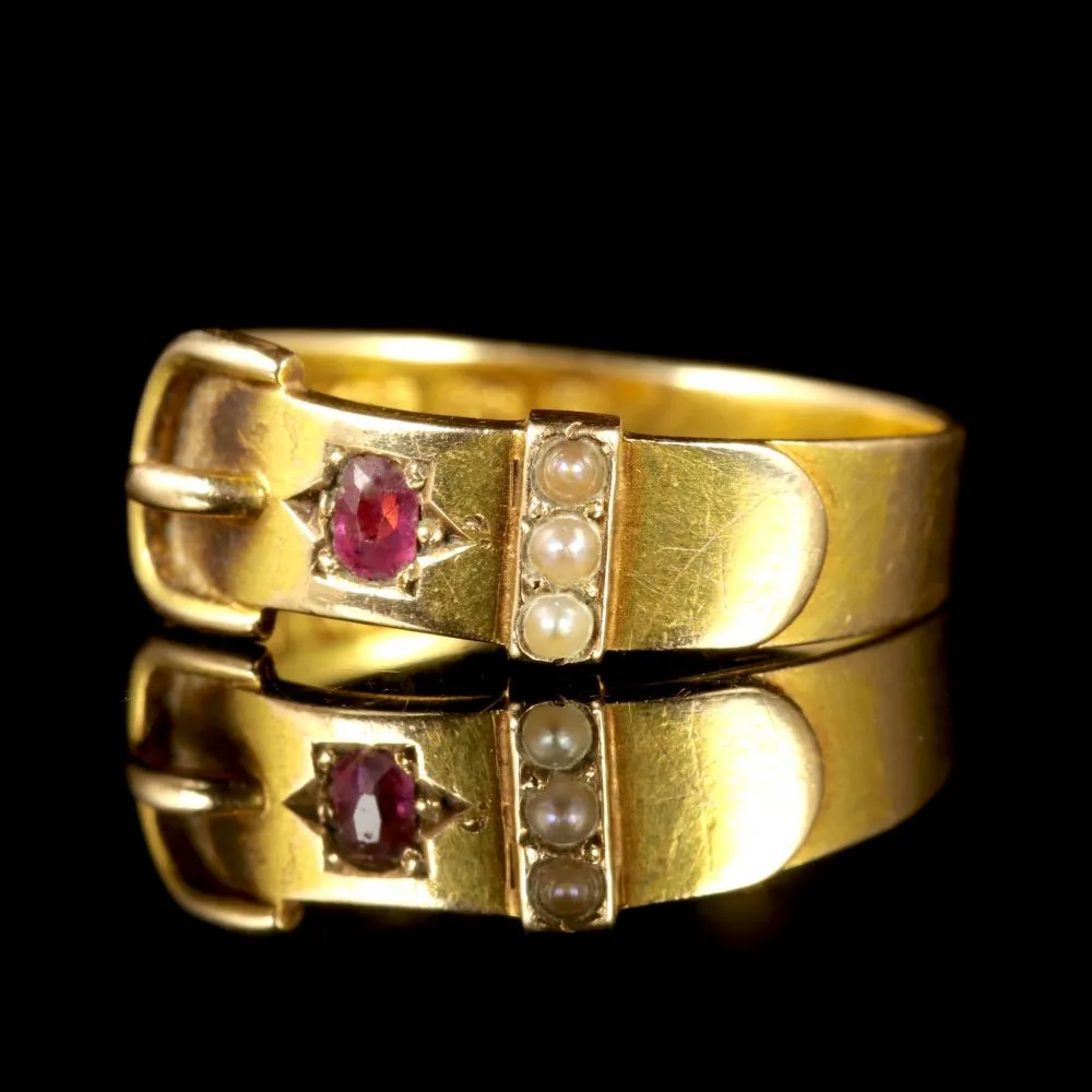 Antique Victorian Ruby Pearl Buckle Ring 15Ct Dated 1881