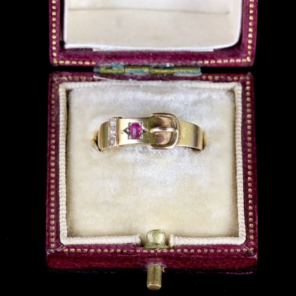 Antique Victorian Ruby Pearl Buckle Ring 15Ct Dated 1881