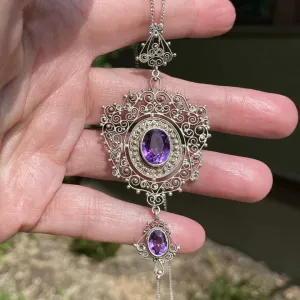 Antique Victorian Silver Filigree Amethyst Necklace - 925 Sterling Silver Necklace