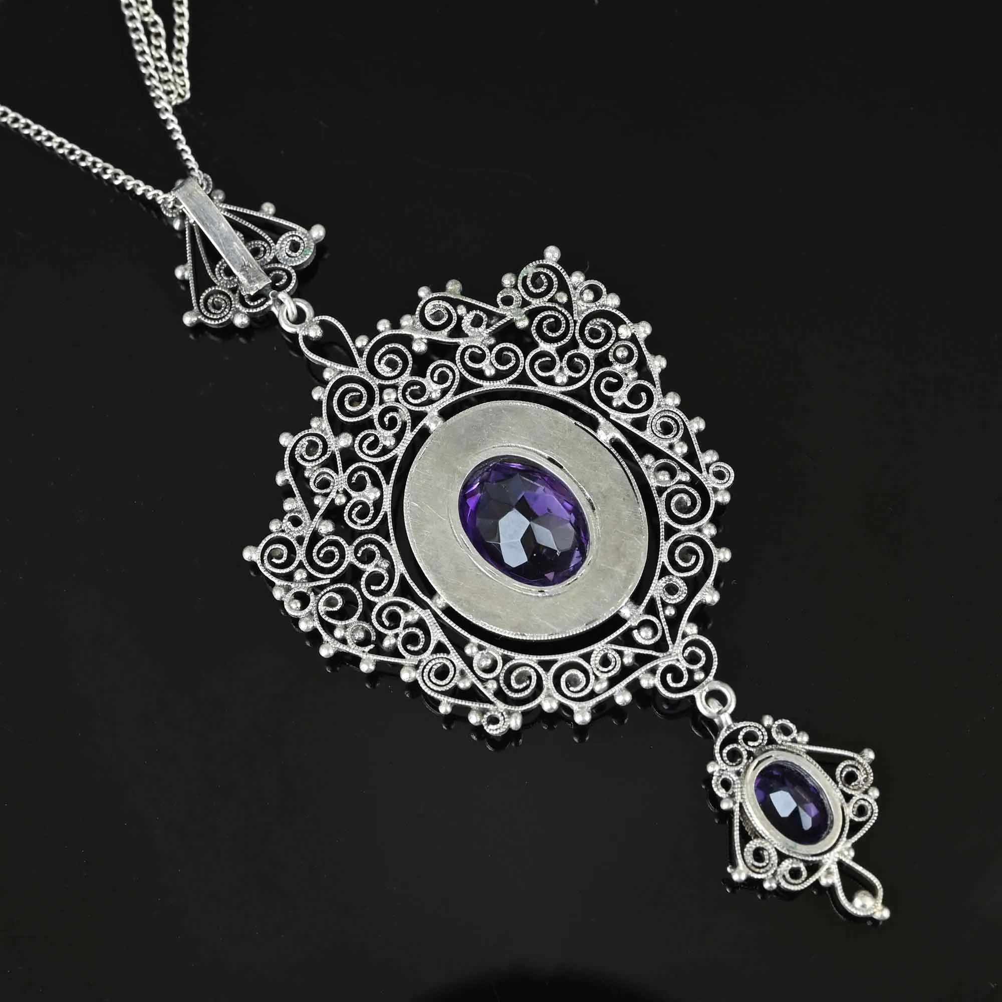 Antique Victorian Silver Filigree Amethyst Necklace - 925 Sterling Silver Necklace