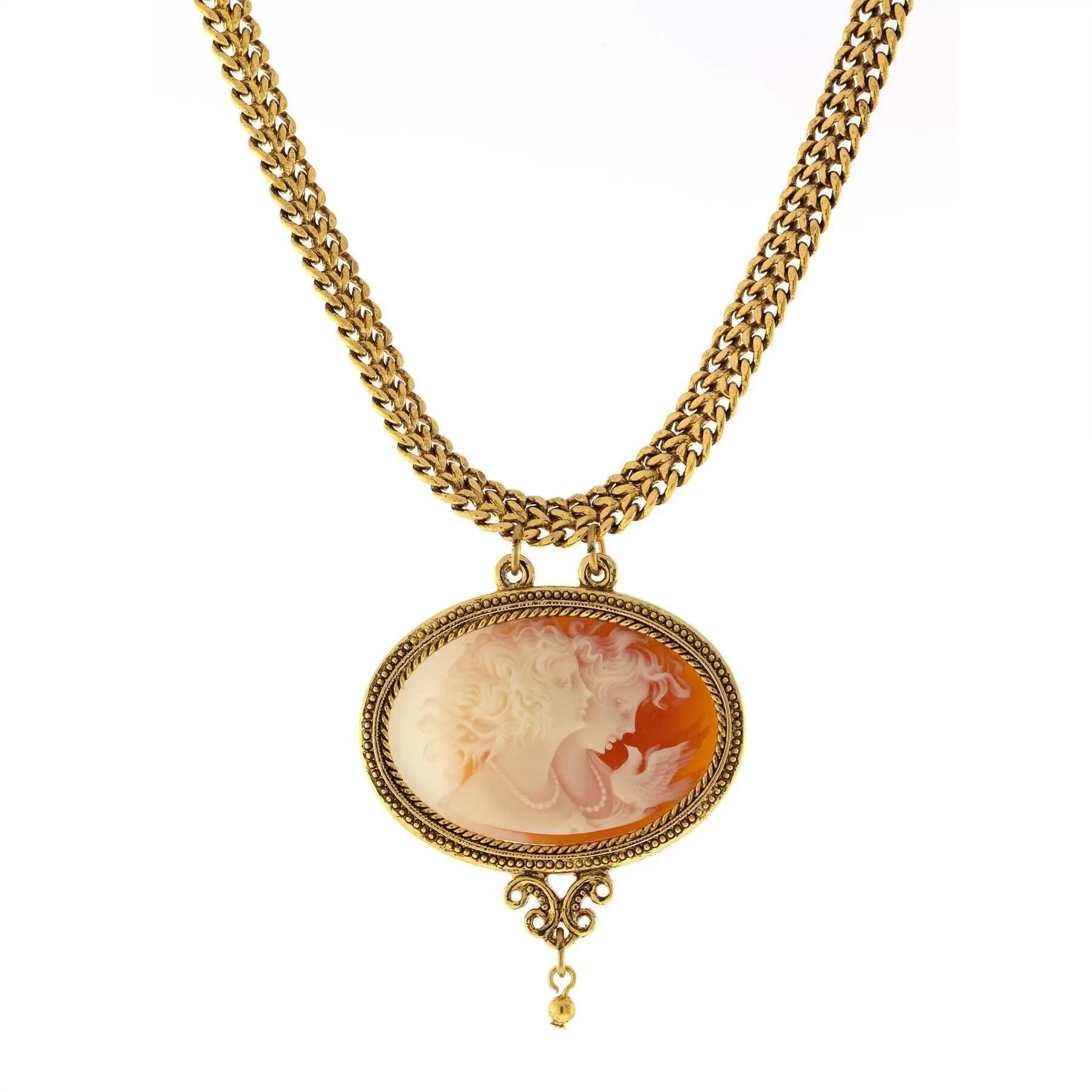 Antiquities Couture Carnelian Red Cameo Twin Muse & Bird Pendant Necklace 17"