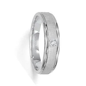 ASHFORD 14k White Gold Wedding Band Flat Vertical Brushed Finish with Single Center Diamond Rolled Edges- 6 mm