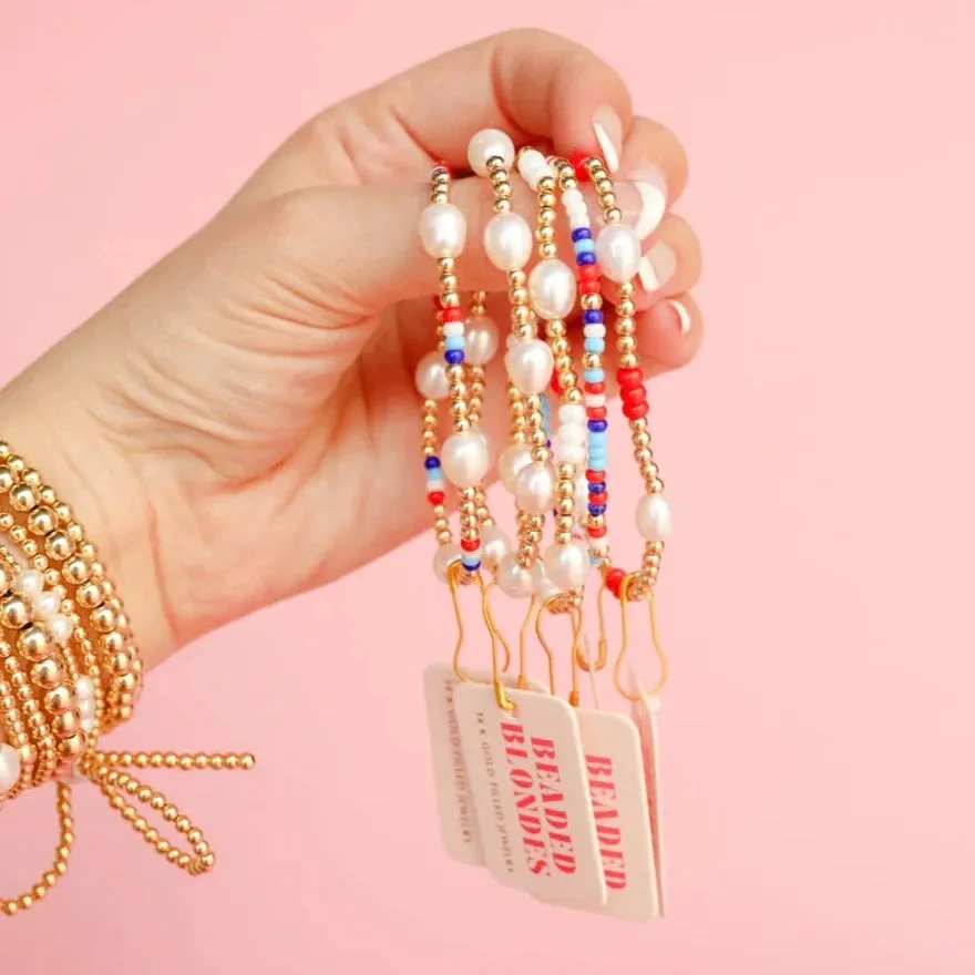 Beaded Blondes | Red, White & Blues Pearl Gold Stretchy Poppi Bracelet