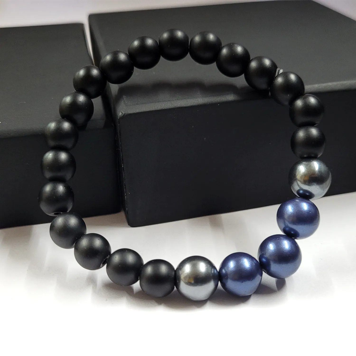 Blue And Metallic Black Shell Pearls 10mm Bracelet With 8mm Black Beads