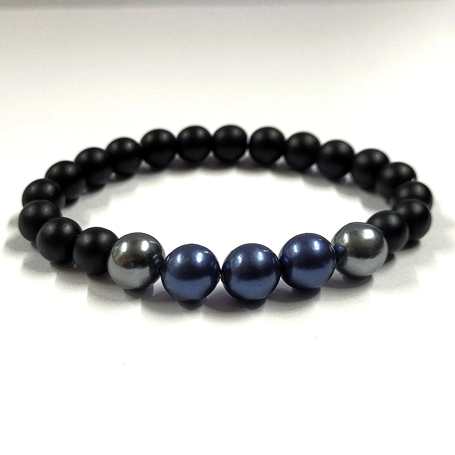 Blue And Metallic Black Shell Pearls 10mm Bracelet With 8mm Black Beads