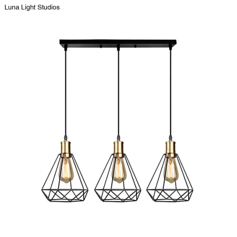 Brass Farmhouse Hanging Lamp with Teardrop Cage Shade and 3 Suspended Bulbs