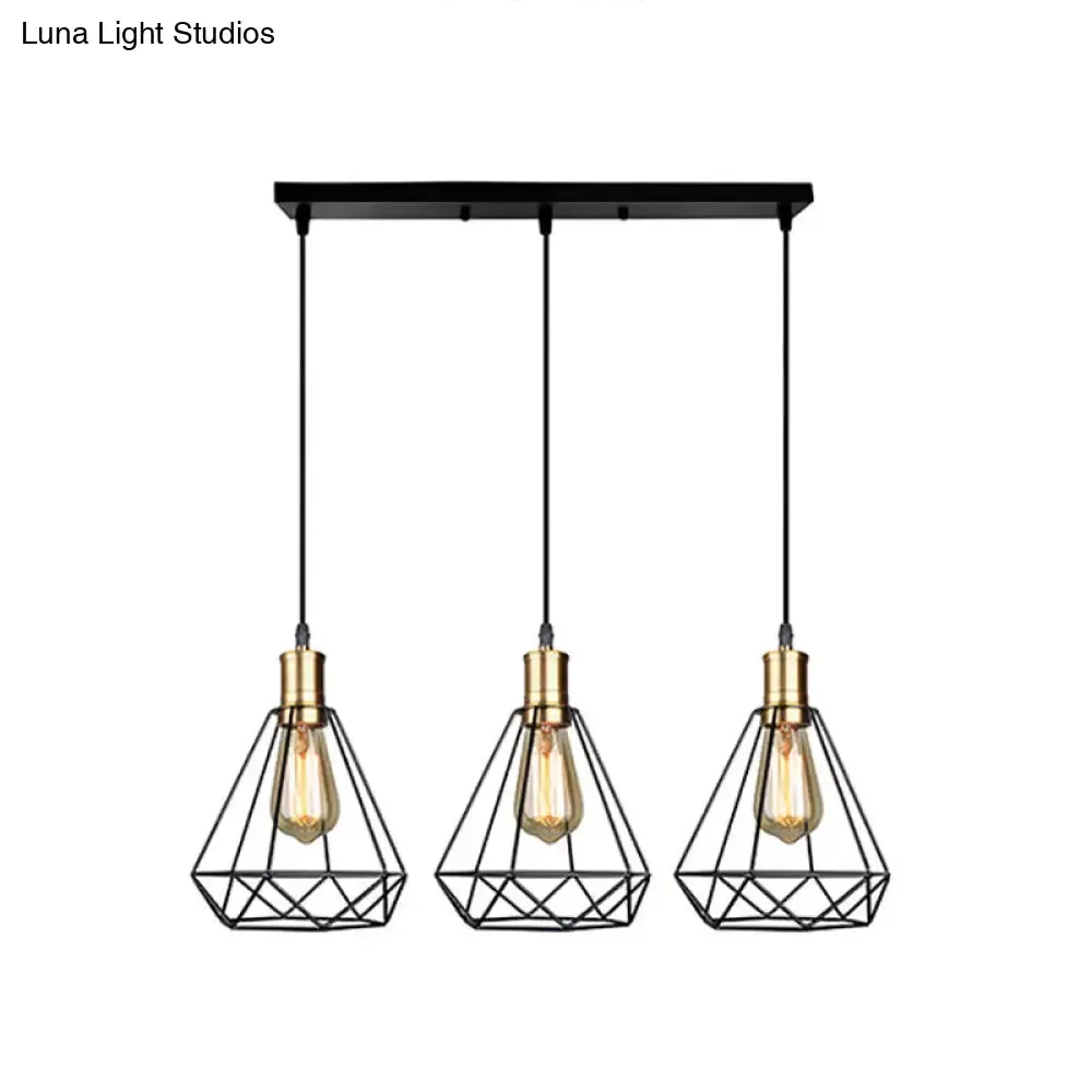 Brass Farmhouse Hanging Lamp with Teardrop Cage Shade and 3 Suspended Bulbs