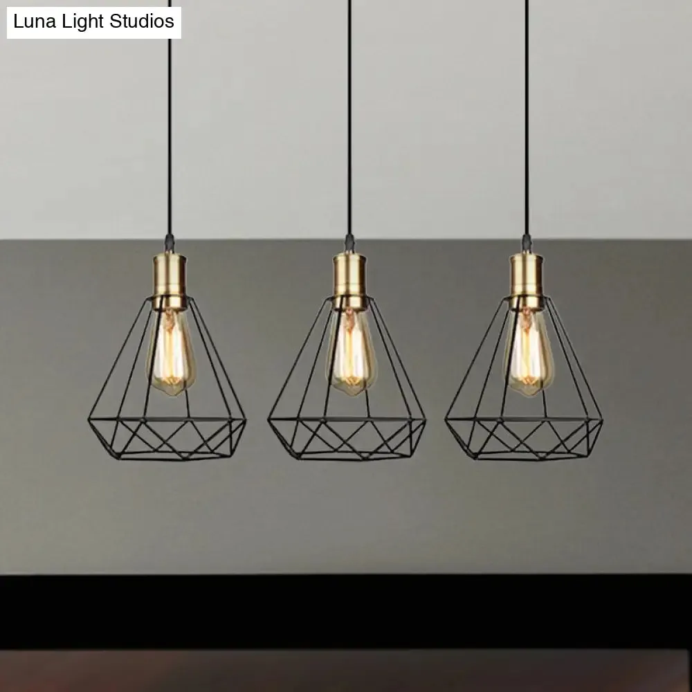 Brass Farmhouse Hanging Lamp with Teardrop Cage Shade and 3 Suspended Bulbs