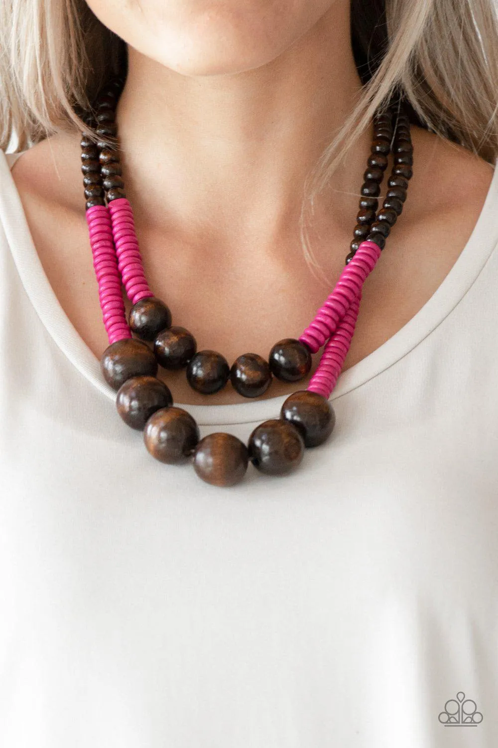 Cancun Cast Away Pink and Brown Wood Necklace - Paparazzi Accessories