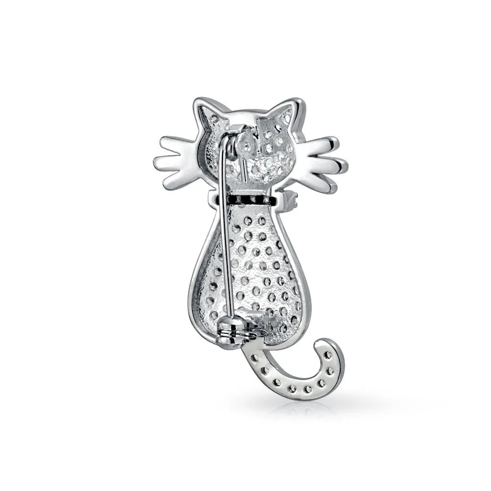 Cute Animal Lover CZ Kitty Cat Brooche Pin Silver Plated Cubic Zirconia