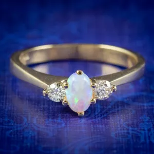 Edwardian Style Opal Diamond Trilogy Ring 9ct Gold