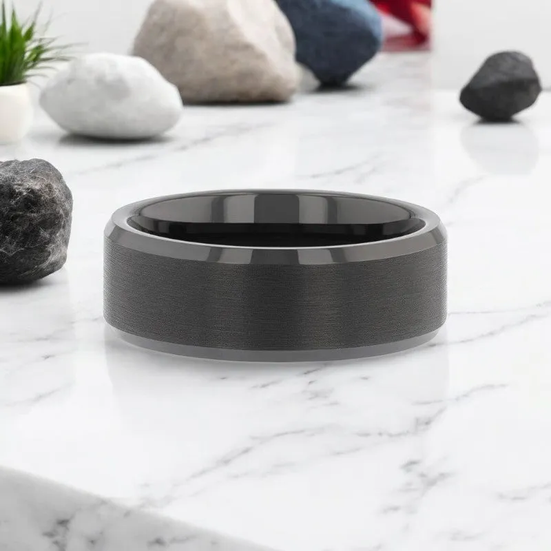 ELISE | Black Tungsten Ring, Brushed Center, Beveled