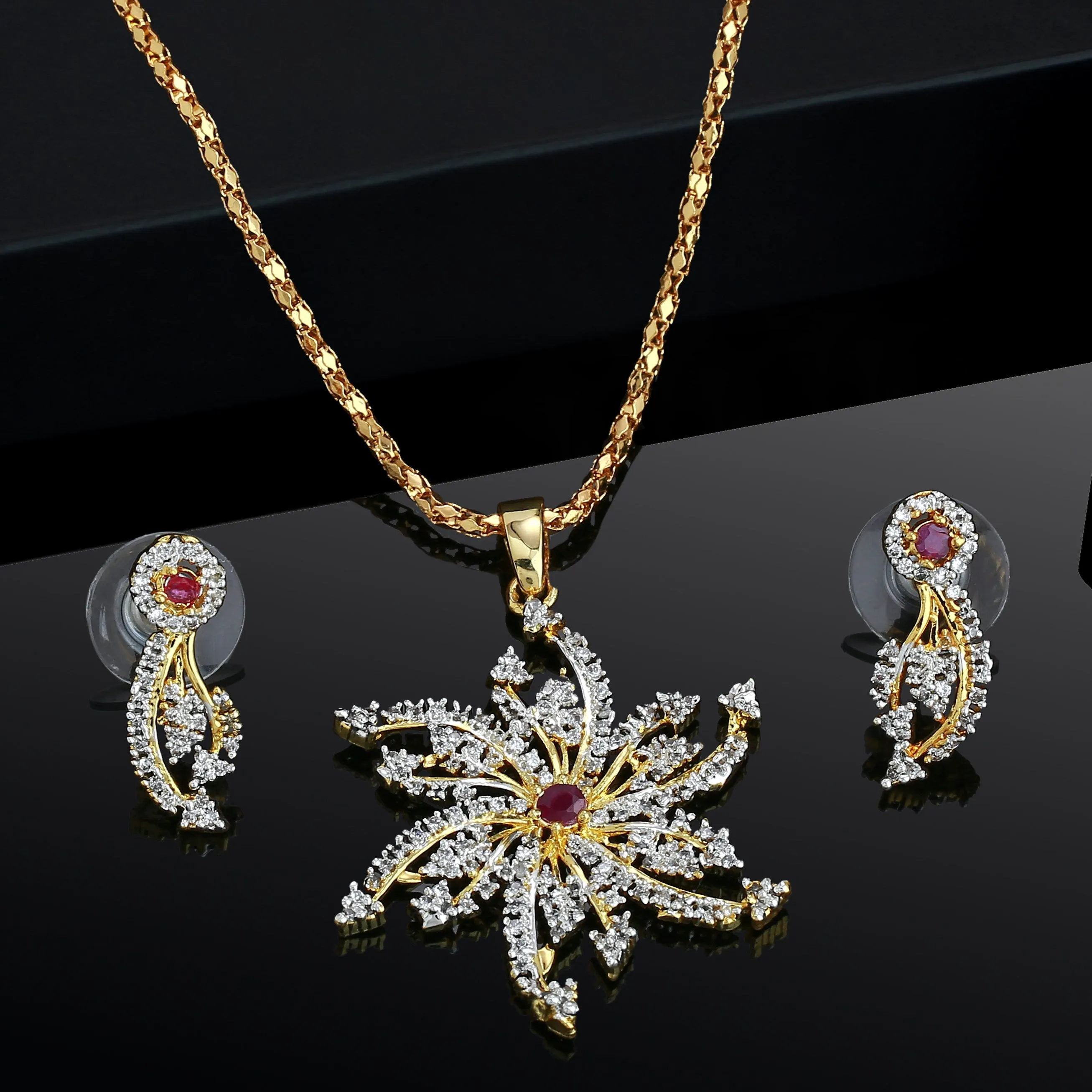 Estele - 24CT gold plated flower Pendant set with Austrian Crystals and ruby stones