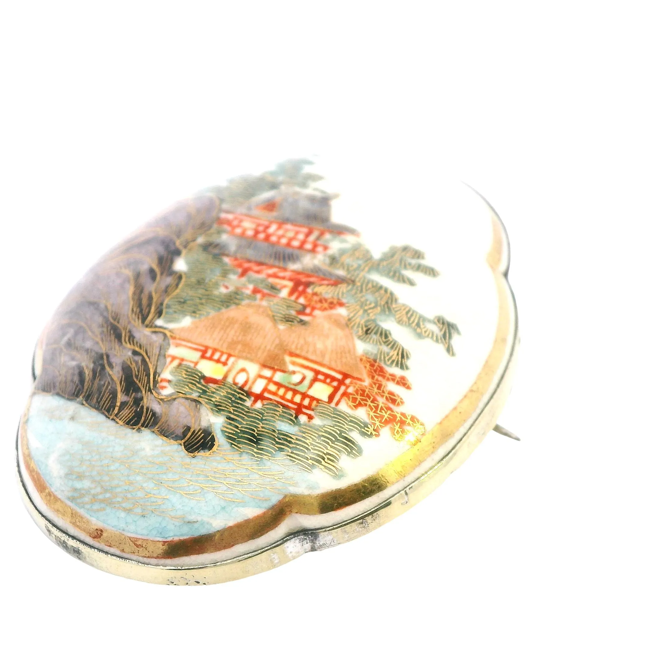 Exquisite Gold-Plated Hand-Painted Satsuma Porcelain Brooch