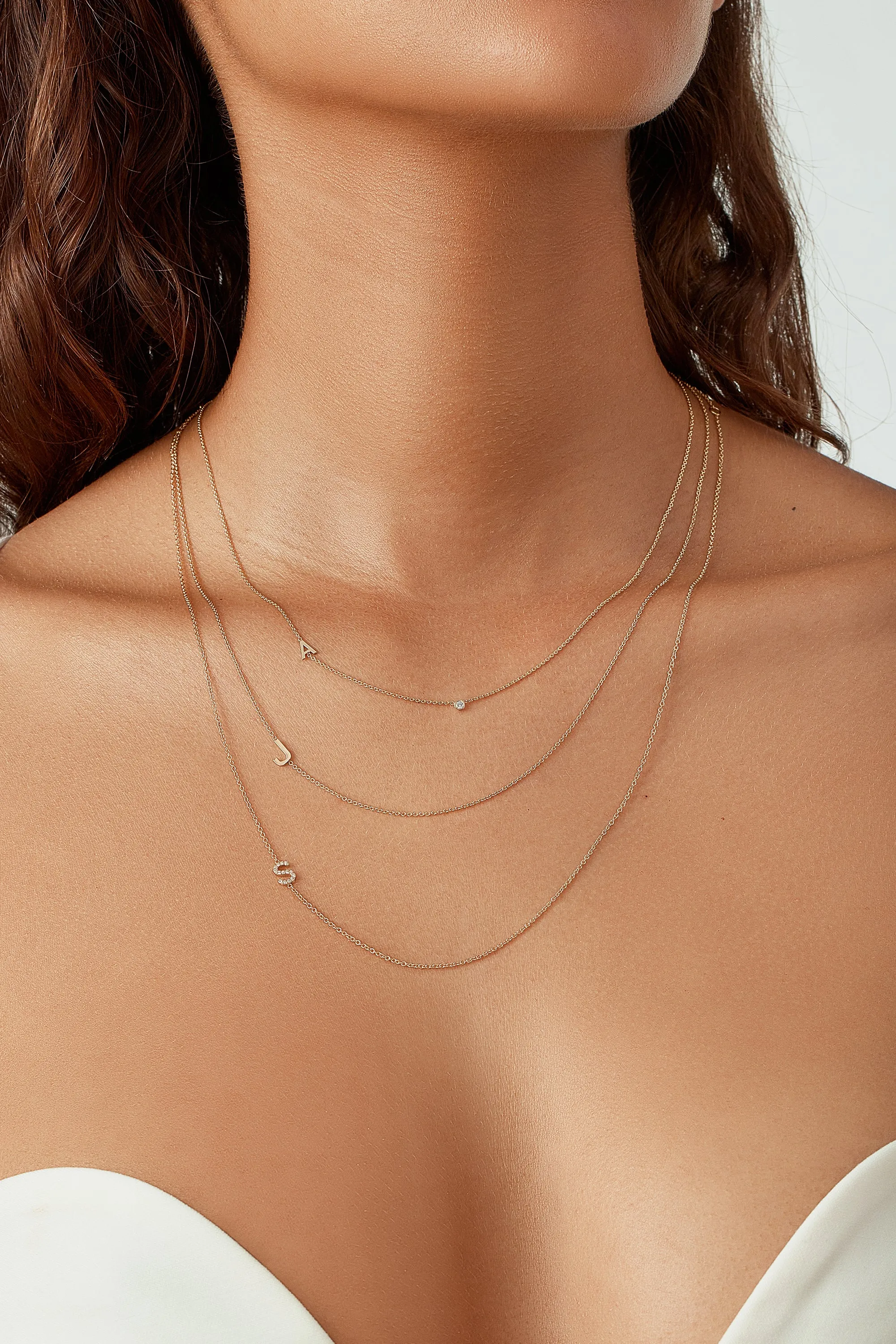 Fine Asymmetrical Initial Necklace - 14K White