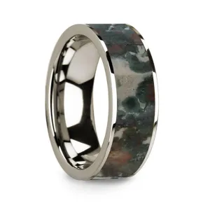 Flat Polished 14k White Gold Wedding Ring with Coprolite Fossil Inlay - 8 mm