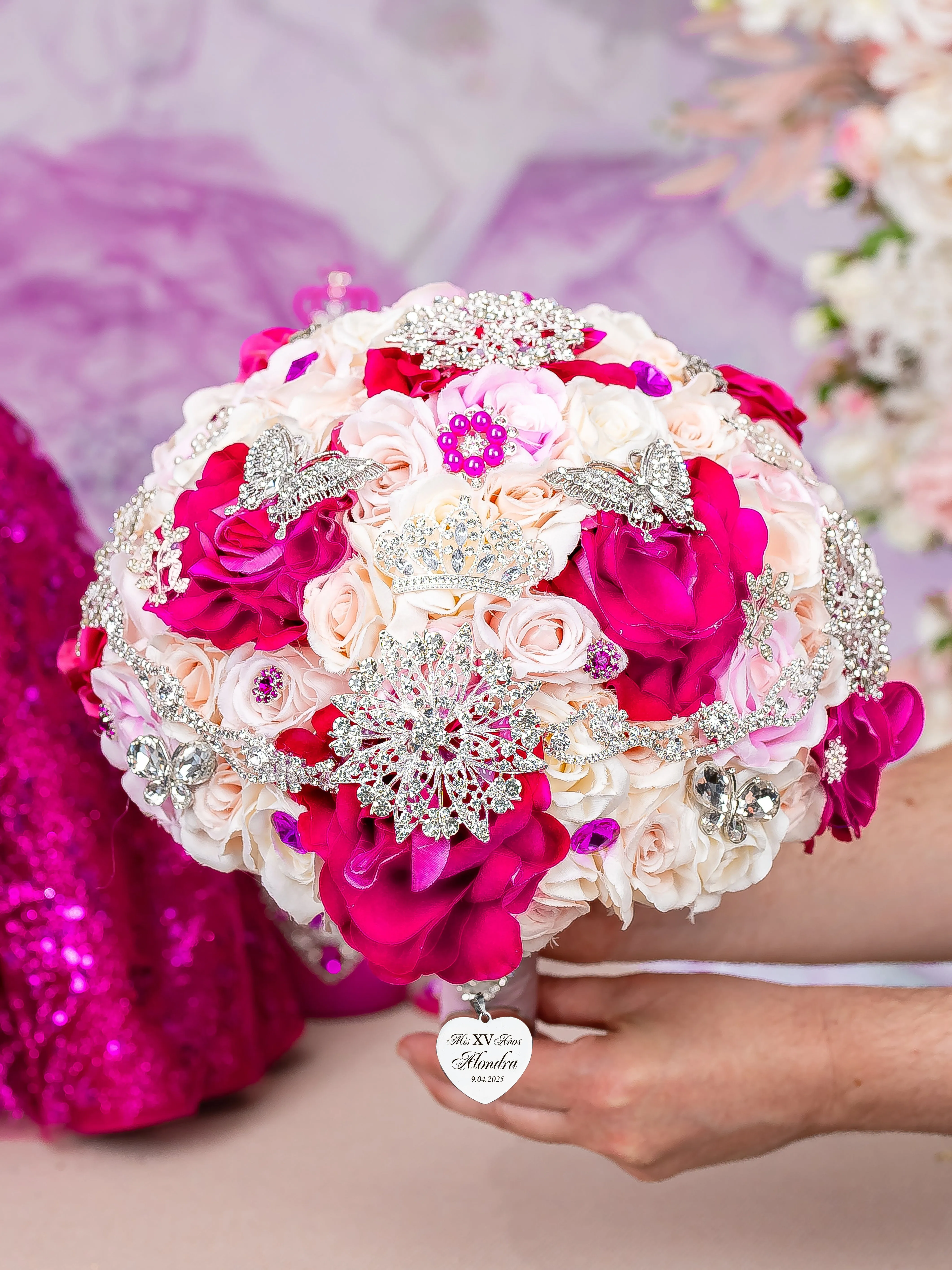 Fuchsia with silver Quinceanera Bouquet 13 inches