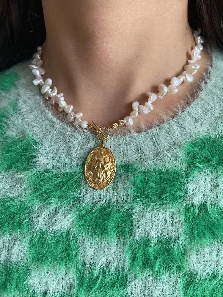 Goddess Statue Pendant Baroque Pearl Necklace