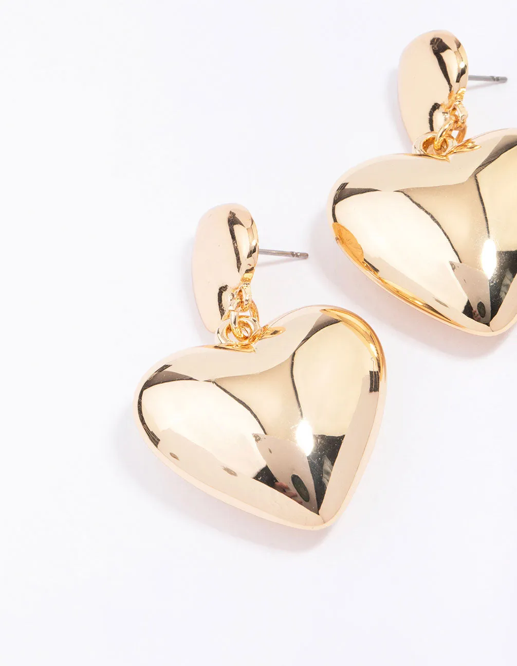 Gold Double Puffy Heart Drop Earrings