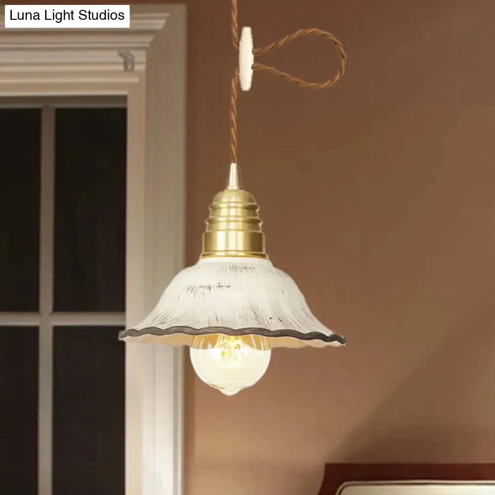 Gold Industrial-Style Scalloped Hanging Light Kit - 1 Head Ceramic Pendant Lamp Fixture