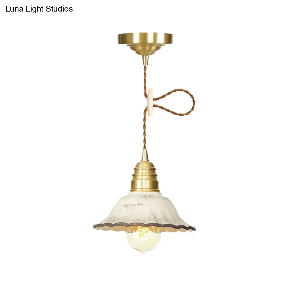 Gold Industrial-Style Scalloped Hanging Light Kit - 1 Head Ceramic Pendant Lamp Fixture