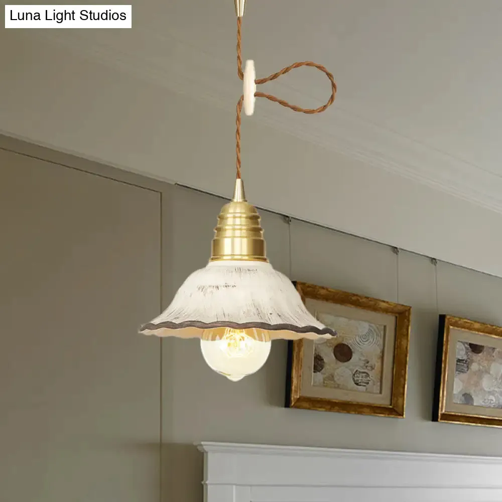 Gold Industrial-Style Scalloped Hanging Light Kit - 1 Head Ceramic Pendant Lamp Fixture