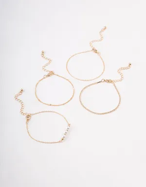 Gold Pearl Diamante Chain Bracelet 4-Pack