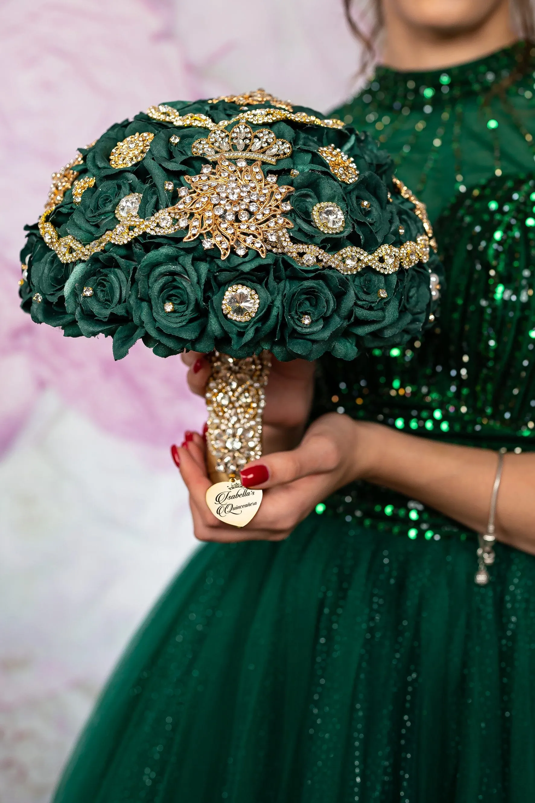 Green quinceanera bouquet 13 inches