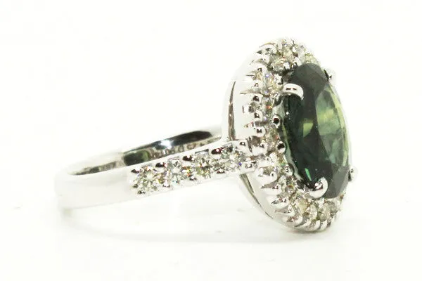 Green Sapphire And Diamond Halo Ring In 14k White Gold