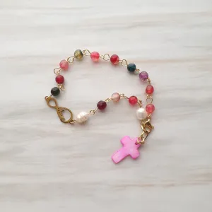 Infinite Love Gemstone Rosary Bracelet with Hot Pink Mother of Pearl Cross