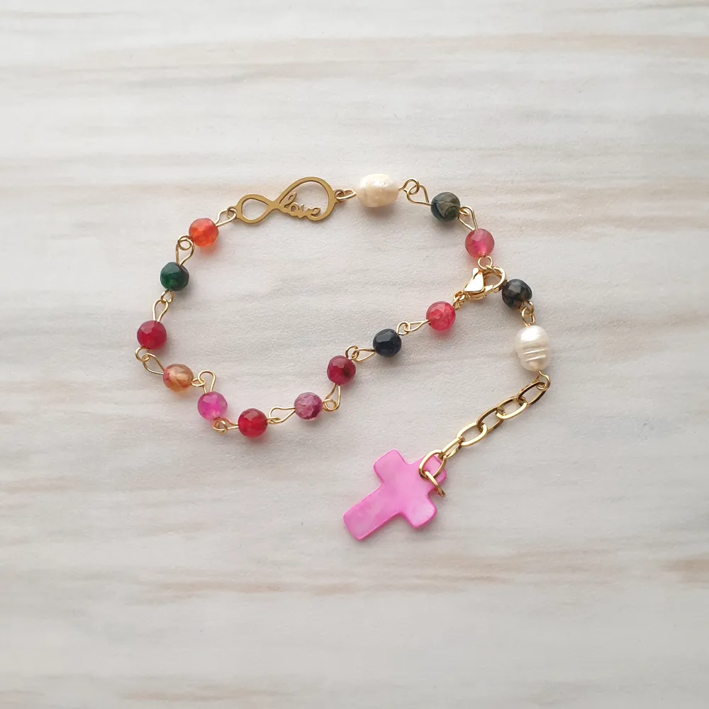 Infinite Love Gemstone Rosary Bracelet with Hot Pink Mother of Pearl Cross