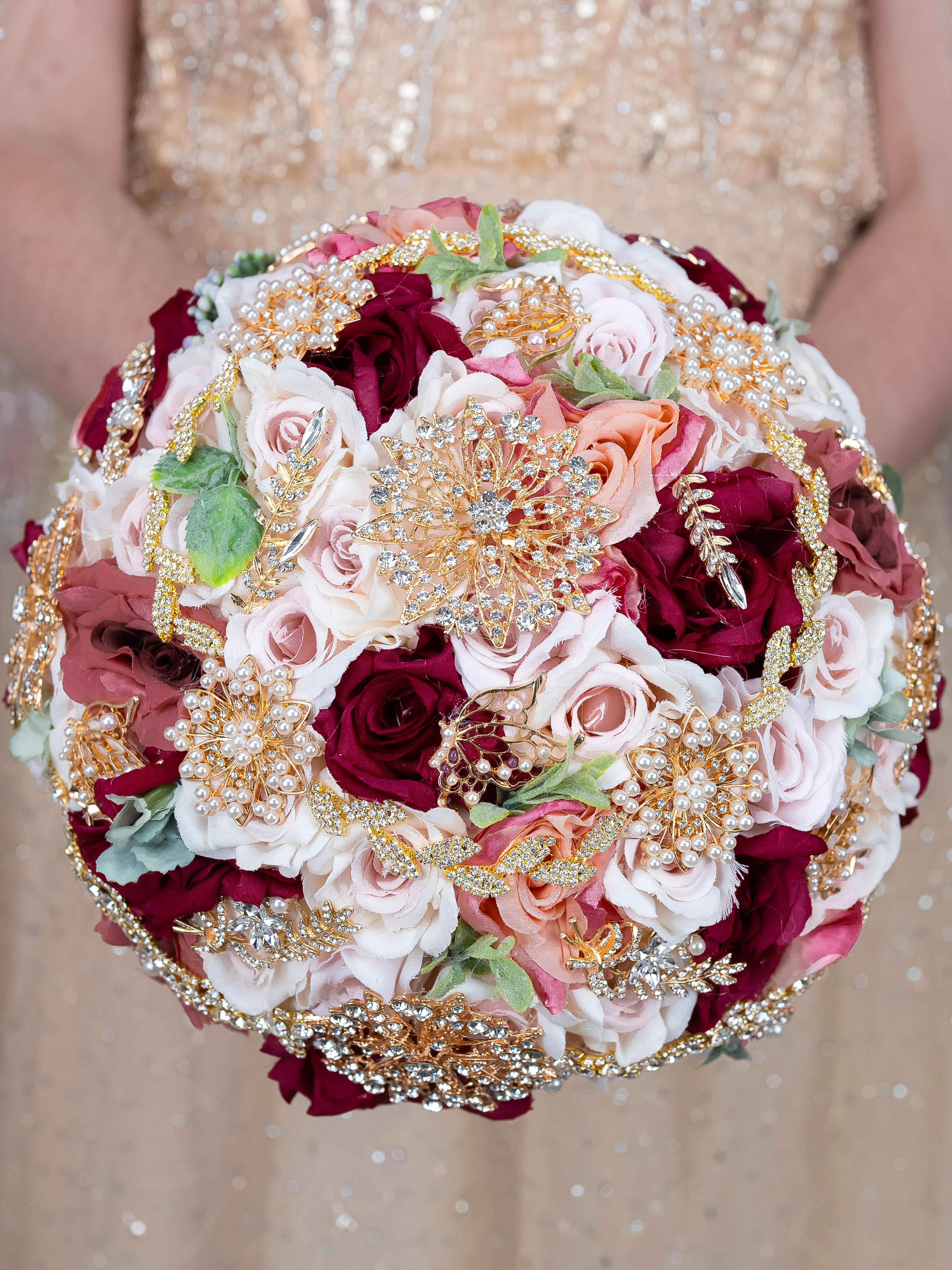 Ivory Pink Burgundy quinceanera bouquet 9 inches