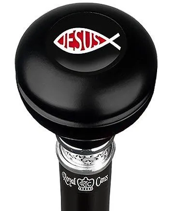 Jesus Fish Symbol Knob Walking Stick w/ Black Beechwood Shaft & Pewter Collar