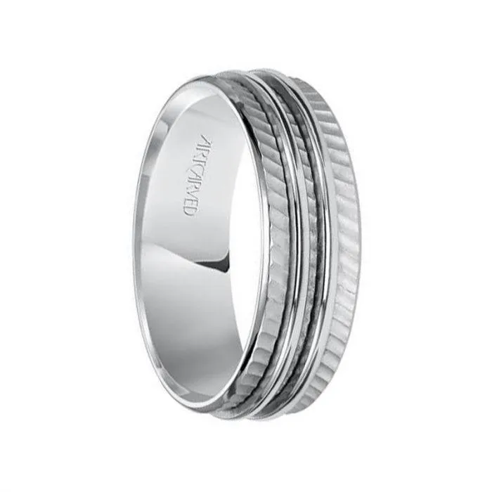 LUCAS 14k White Gold Wedding Band Flat Diagonal Pattern with Dual Center Ridges Design Brushed Finish- 7 mm