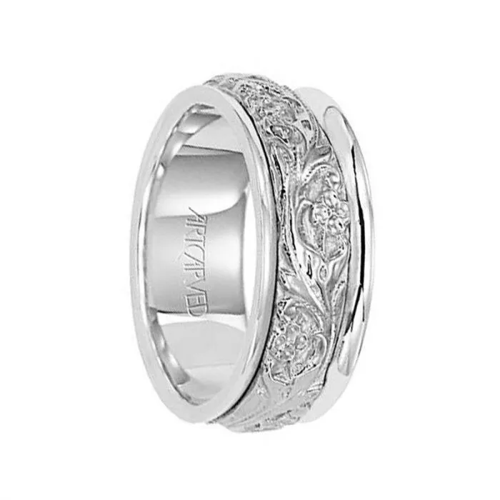 LYRIC 14k White Gold Wedding Band with Floral Engraved Center Rounded Edges by Artcarved - 8 mm