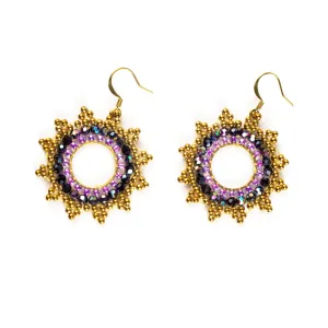 Mandala Purple Beads Brass Earrings