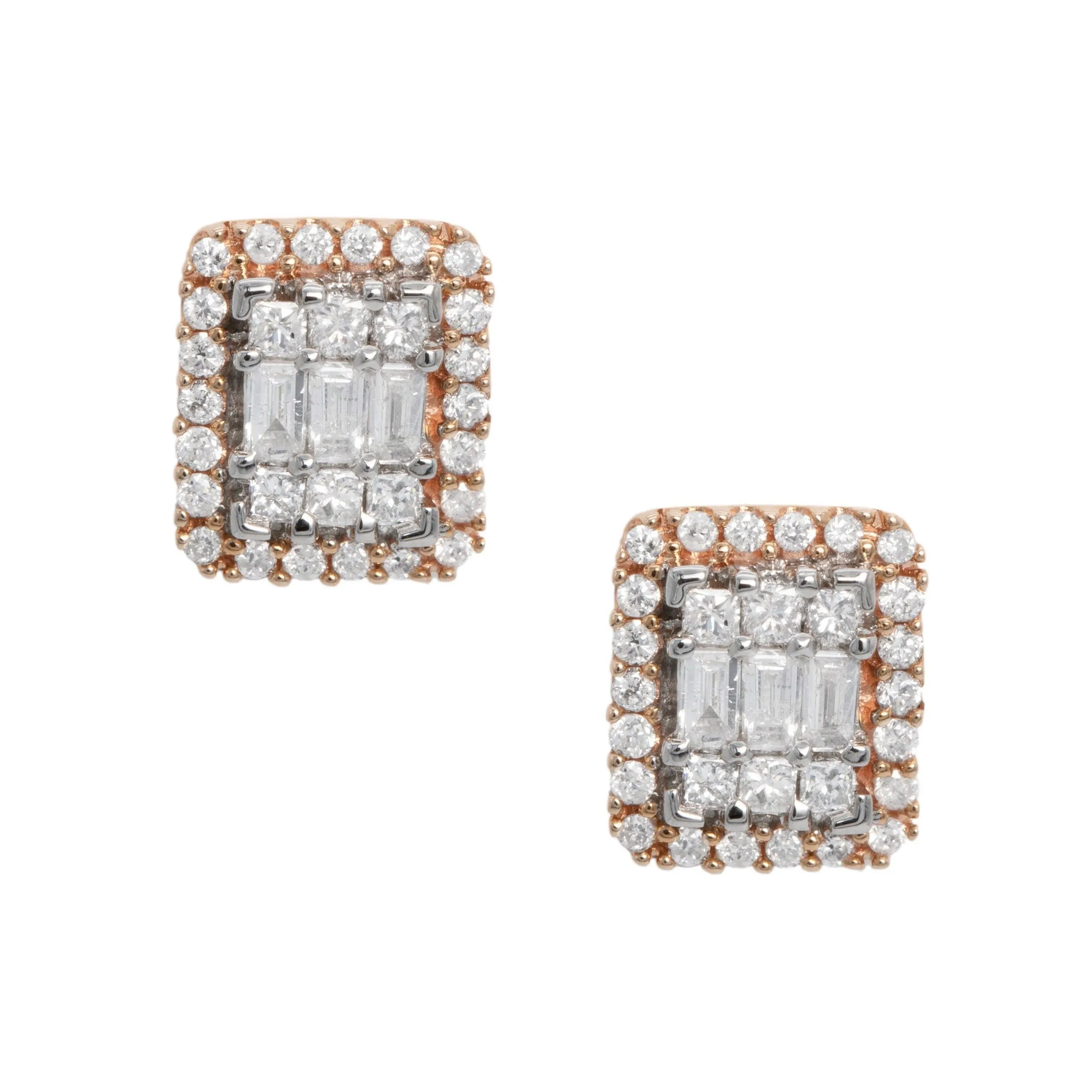 Men's Halo Baguette Diamond Stud Earrings 0.74ct 14K Rose Gold