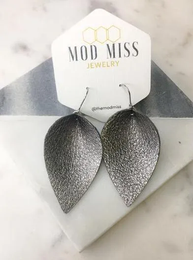 Metallic Gunmetal Leather Petal Earrings