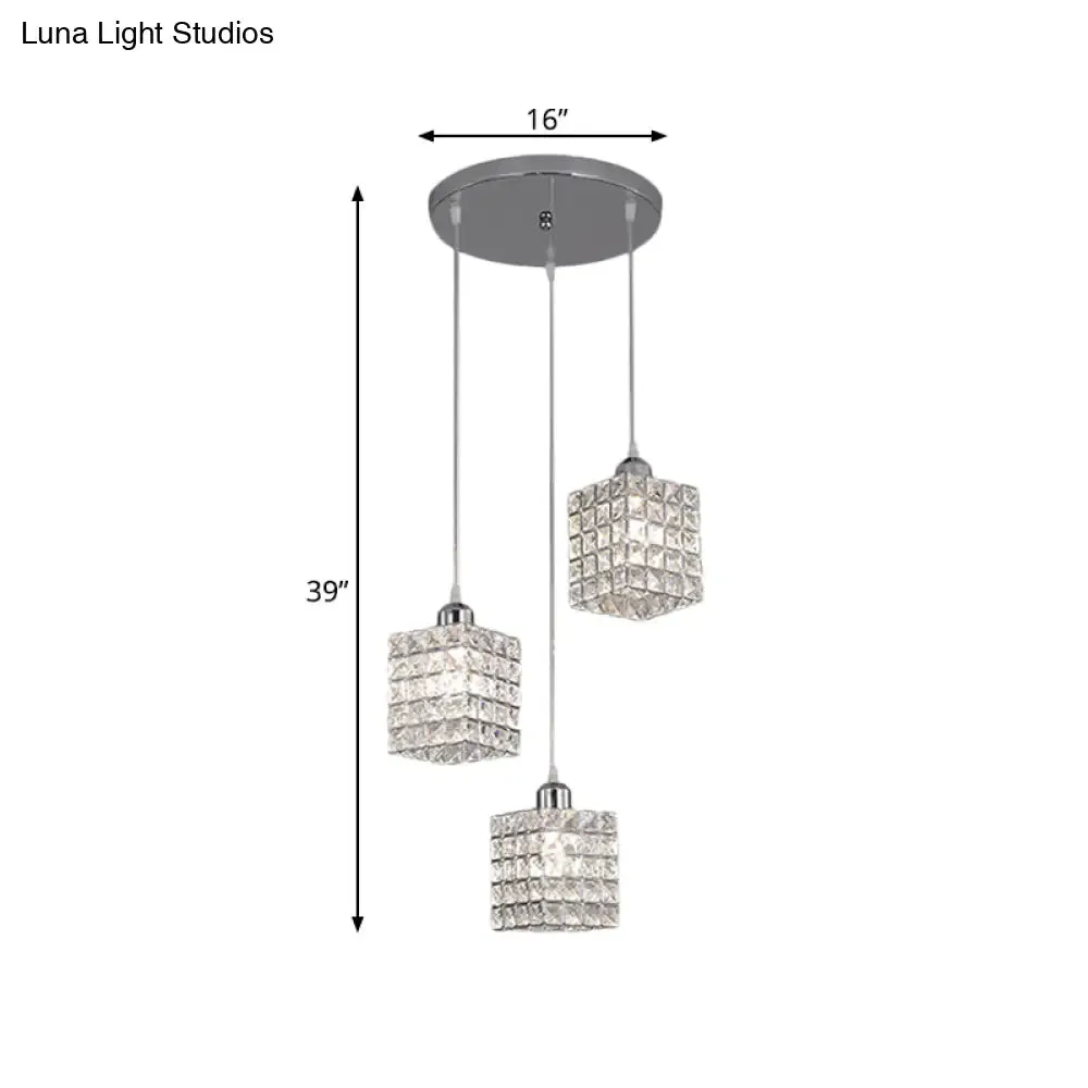 Minimalist Chrome Cuboid Pendant with 3 Beveled Crystal Bulbs - Ceiling Suspension Light